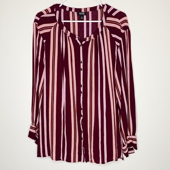 a.n.a Maroon & White Striped Button-up Long Sleeve Blouse Size Large Tall - Picture 1 of 7